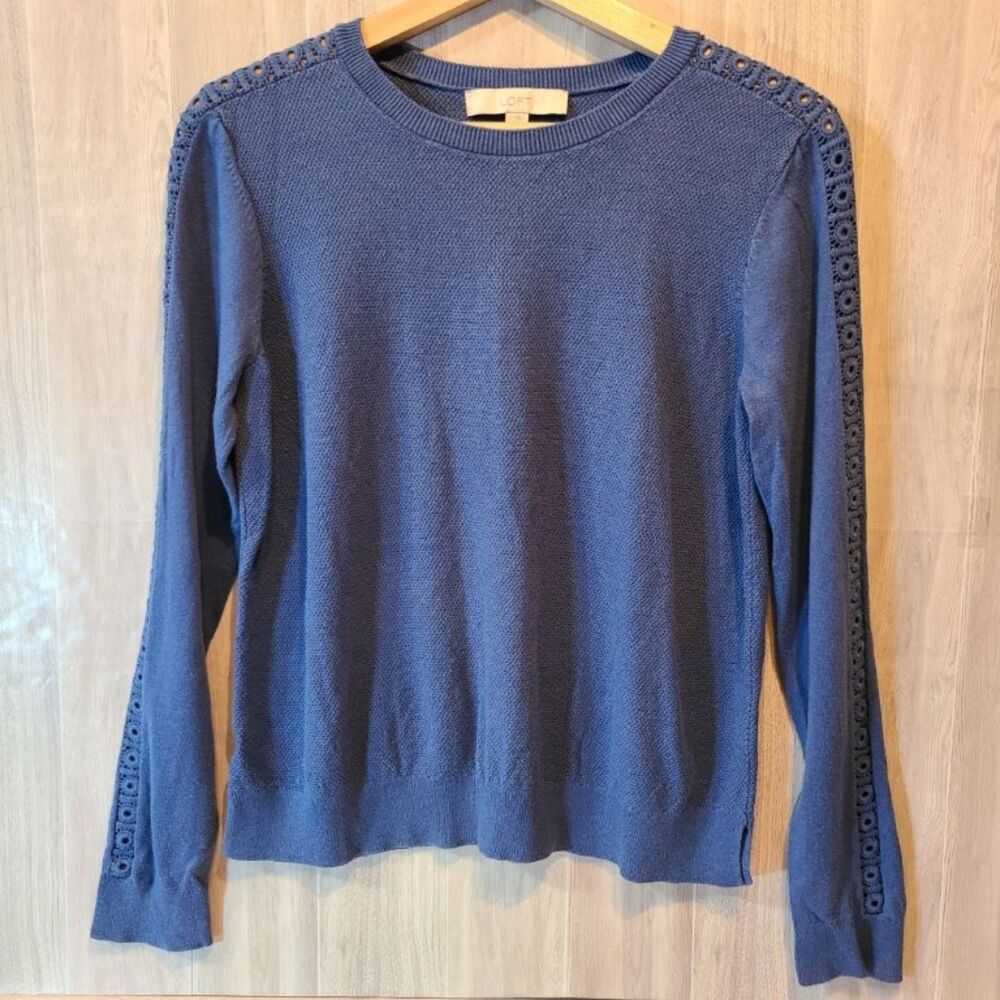 LOFT Blue Lace Sleeve Sweater Womens L Knit Pullover Textured Crew Neck Casual